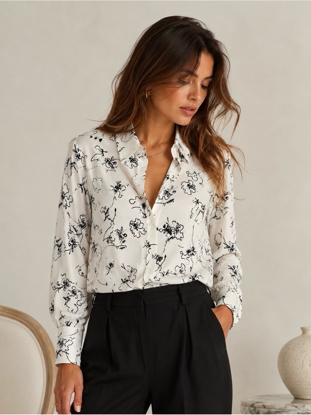 Kal Rieman Silk Button Down Blouse Size 6 Cream Black Abstract Floral Print